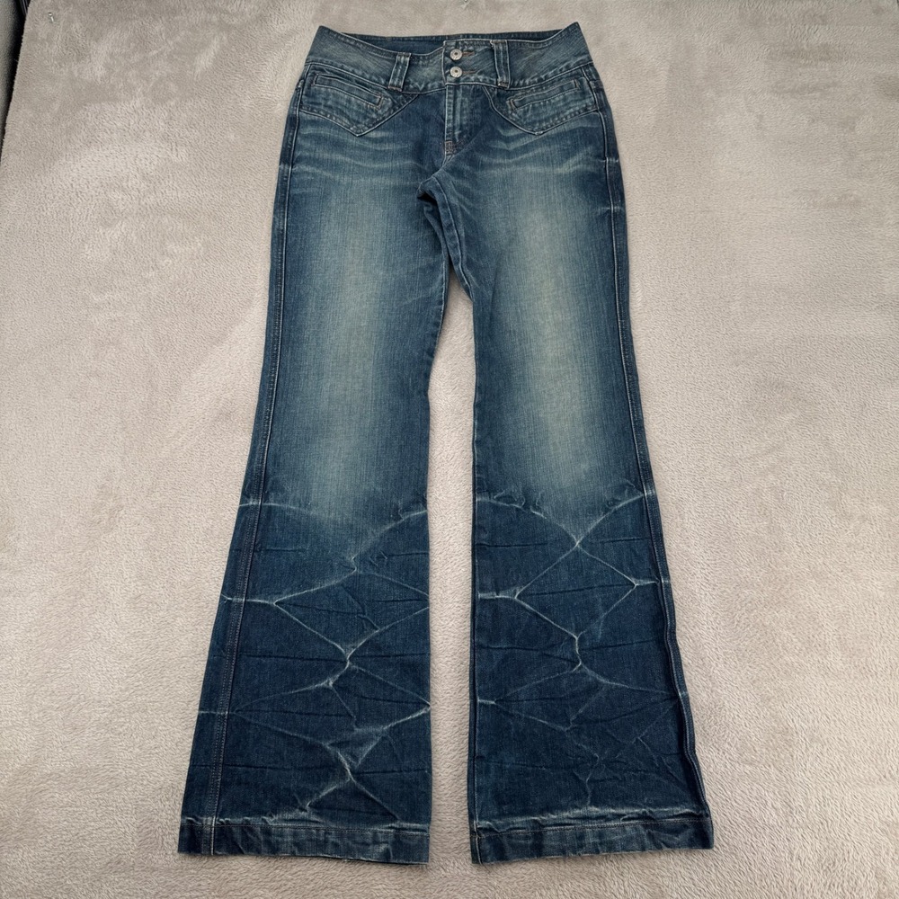 Vintage Y2K Chevignon Jumble Flare Leg Jeans Womens 27 Blue Denim Whisker‎ Wash